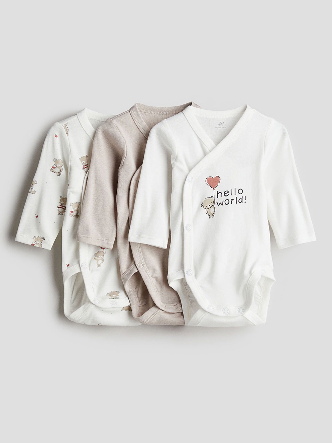 

H&M Boys 3-Pack Wrapover Bodysuits, Beige