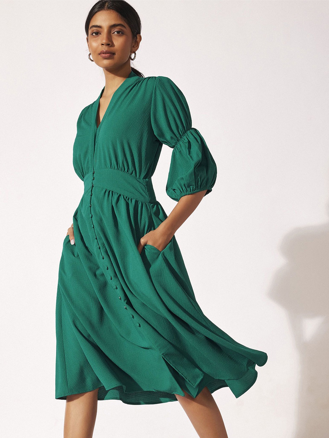 

The Label Life Puff Sleeve Fit & Flare Midi Dress, Green