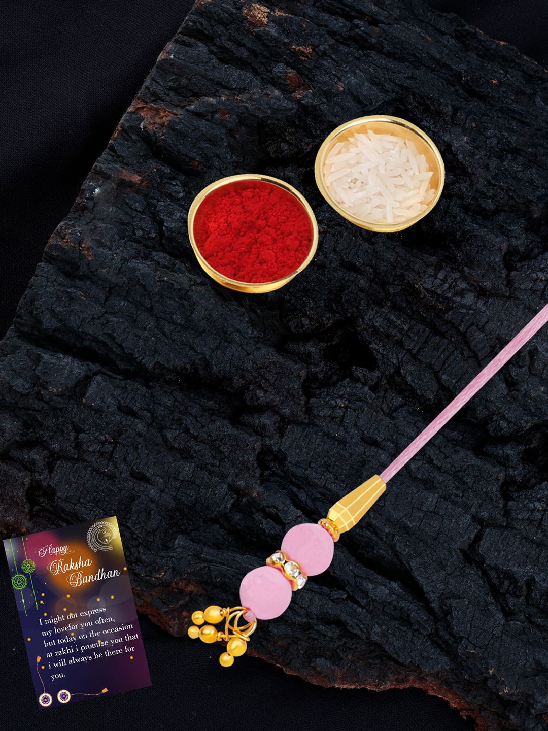 

Silver Shine Set Of 2 Rakhi With Roli Chawal Greeting Card & Pooja Thali, Multi