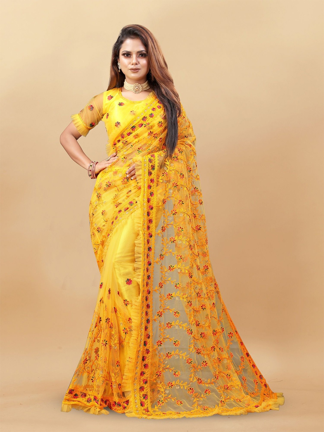 

LADY SHOPI Ethnic Motif Embellished Saree, Yellow