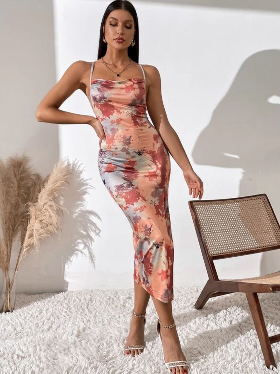 

TANDUL Tie and Dye Printed Bodycon Midi Dress, Peach