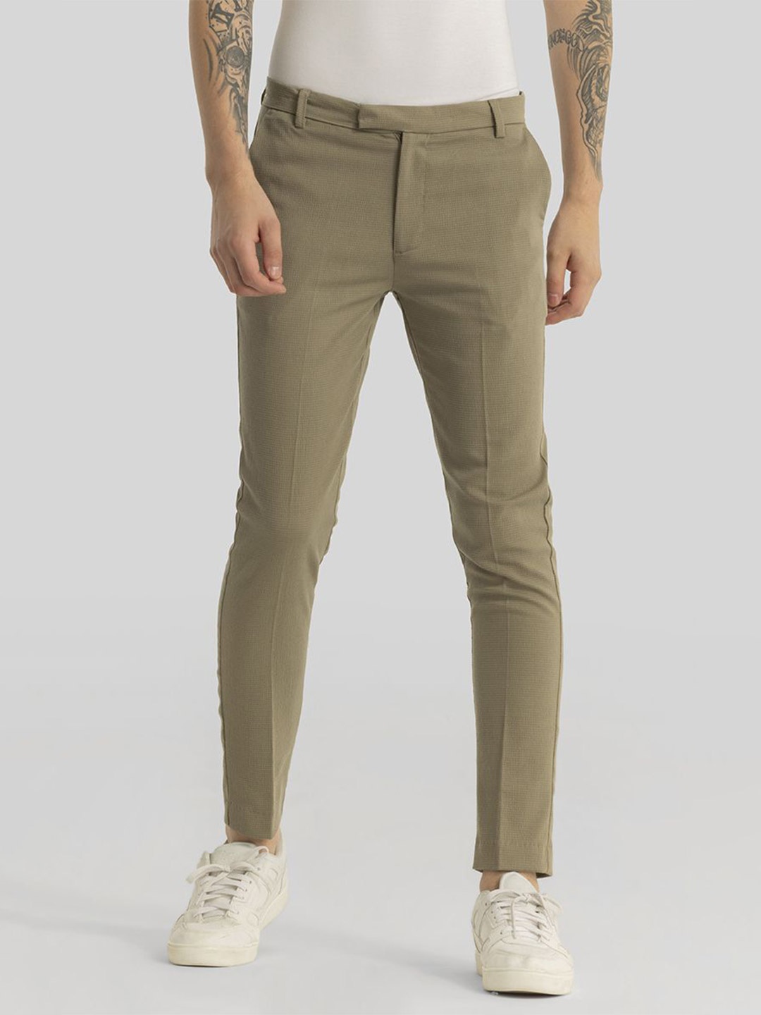 

Snitch Men Smart Slim Fit Trousers, Khaki