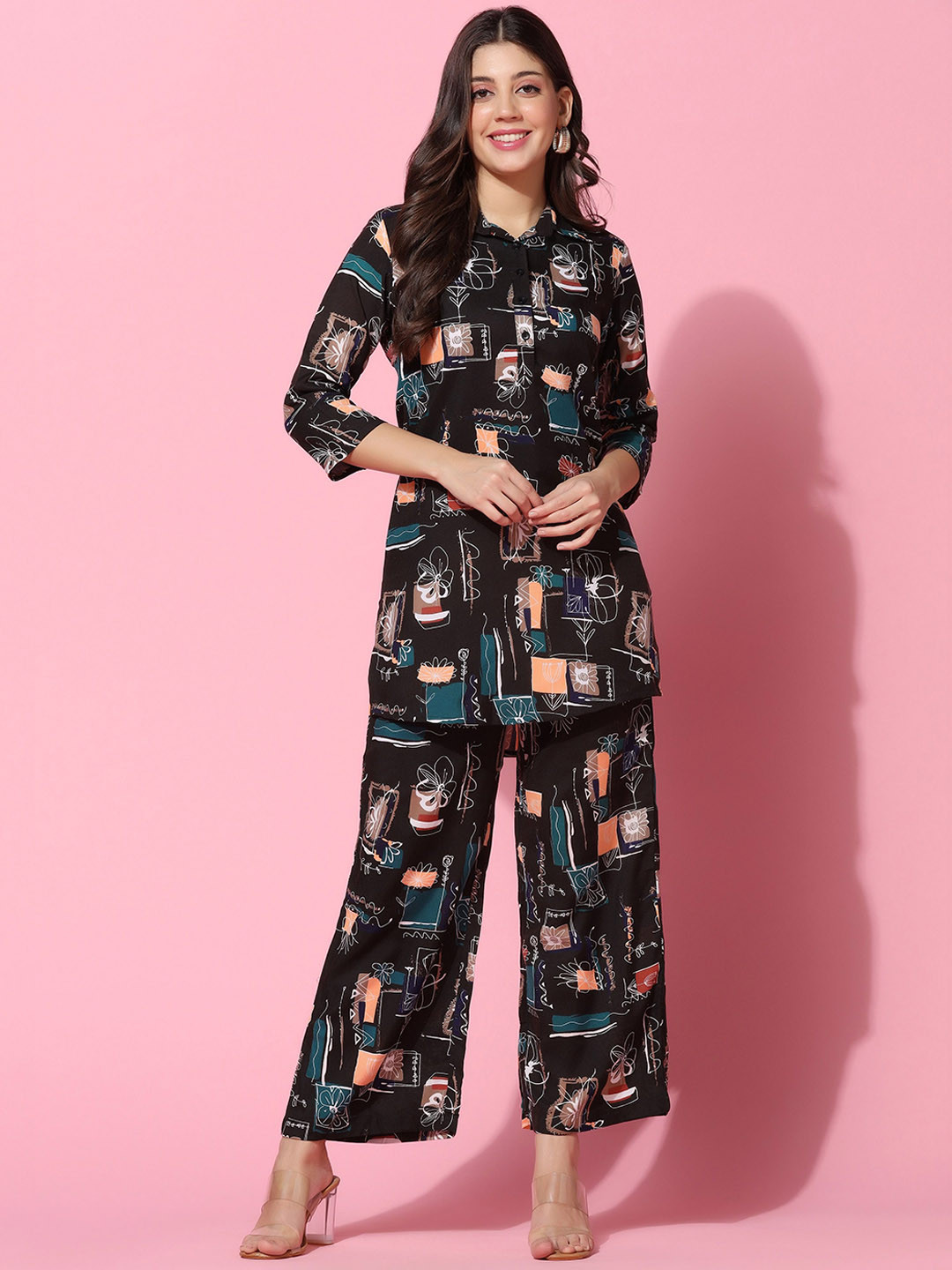

TAGDO Floral Printed Shirt With Palazzos, Black