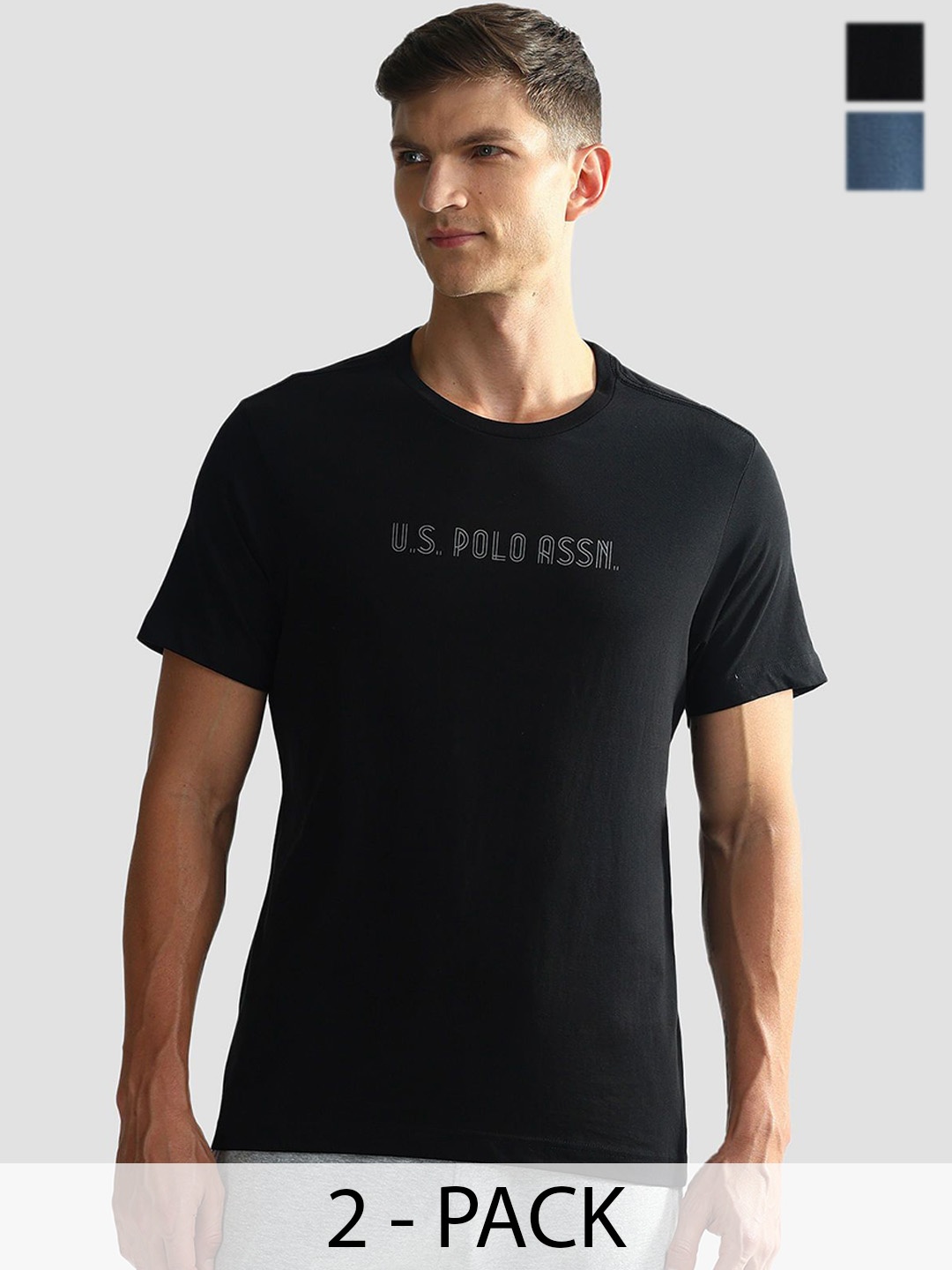 

U.S. Polo Assn. Men Pack Of 2 Printed Pure Cotton Lounge T-Shirts, Navy blue