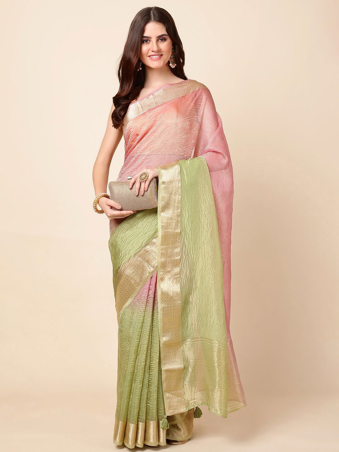 

Meena Bazaar Zari Woven Ombre Saree, Green