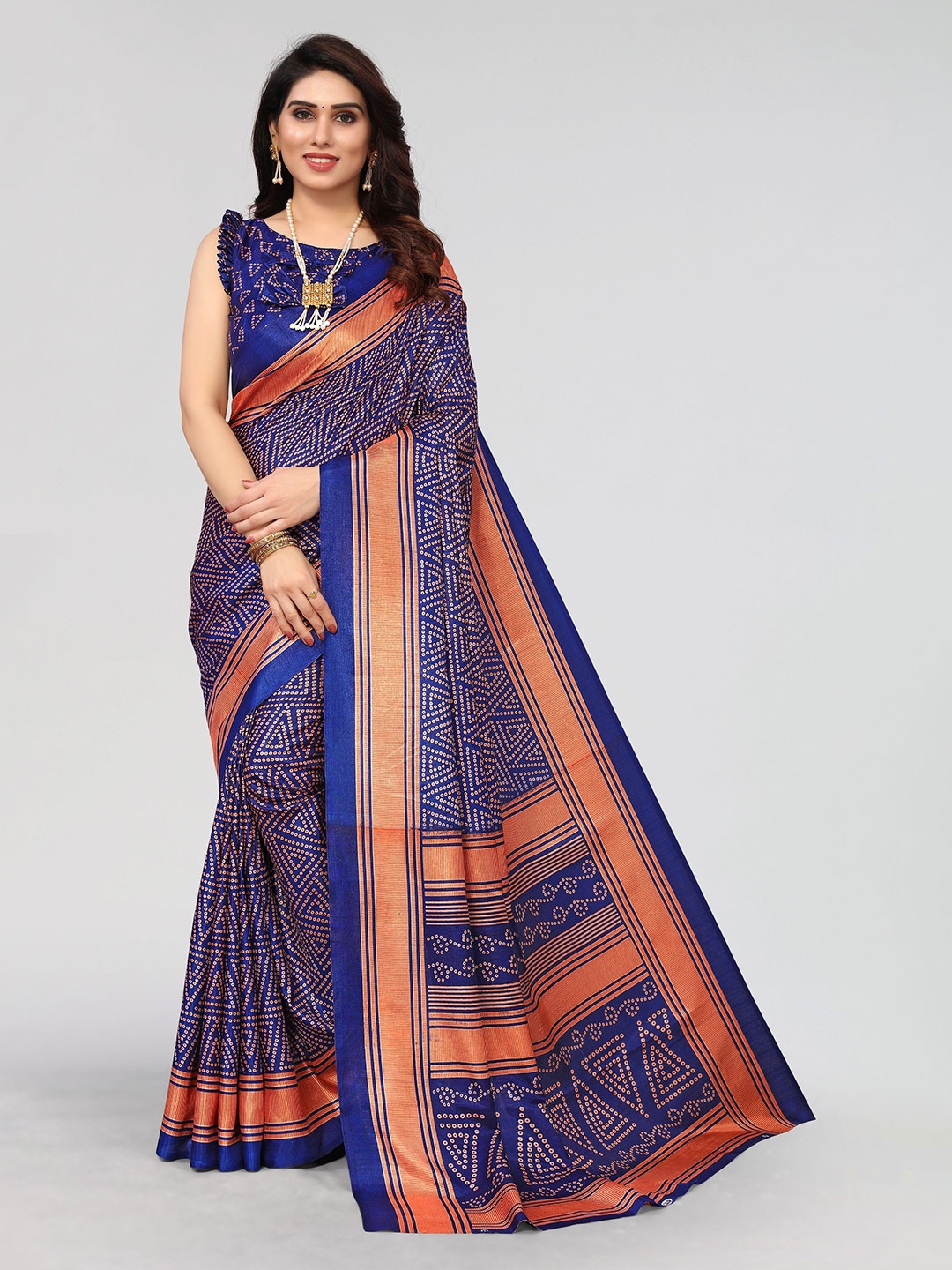

VIRICA Printed Pure Cotton Khadi Saree, Navy blue