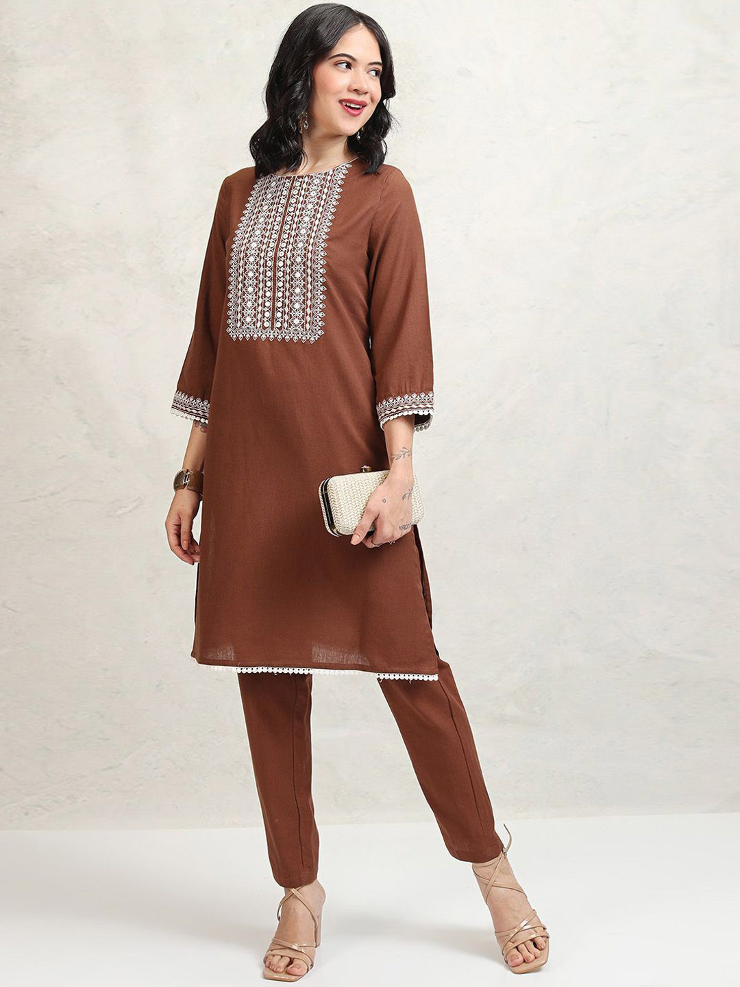 

Vishudh Women Embroidered Regular Kurta with Trousers, Brown
