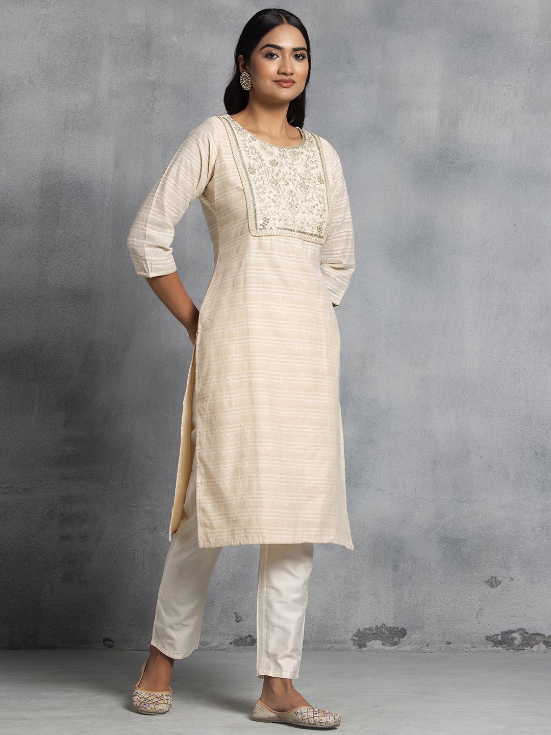 

Rang by Indya Striped Thread Work Pure Cotton Straight Kurta, White
