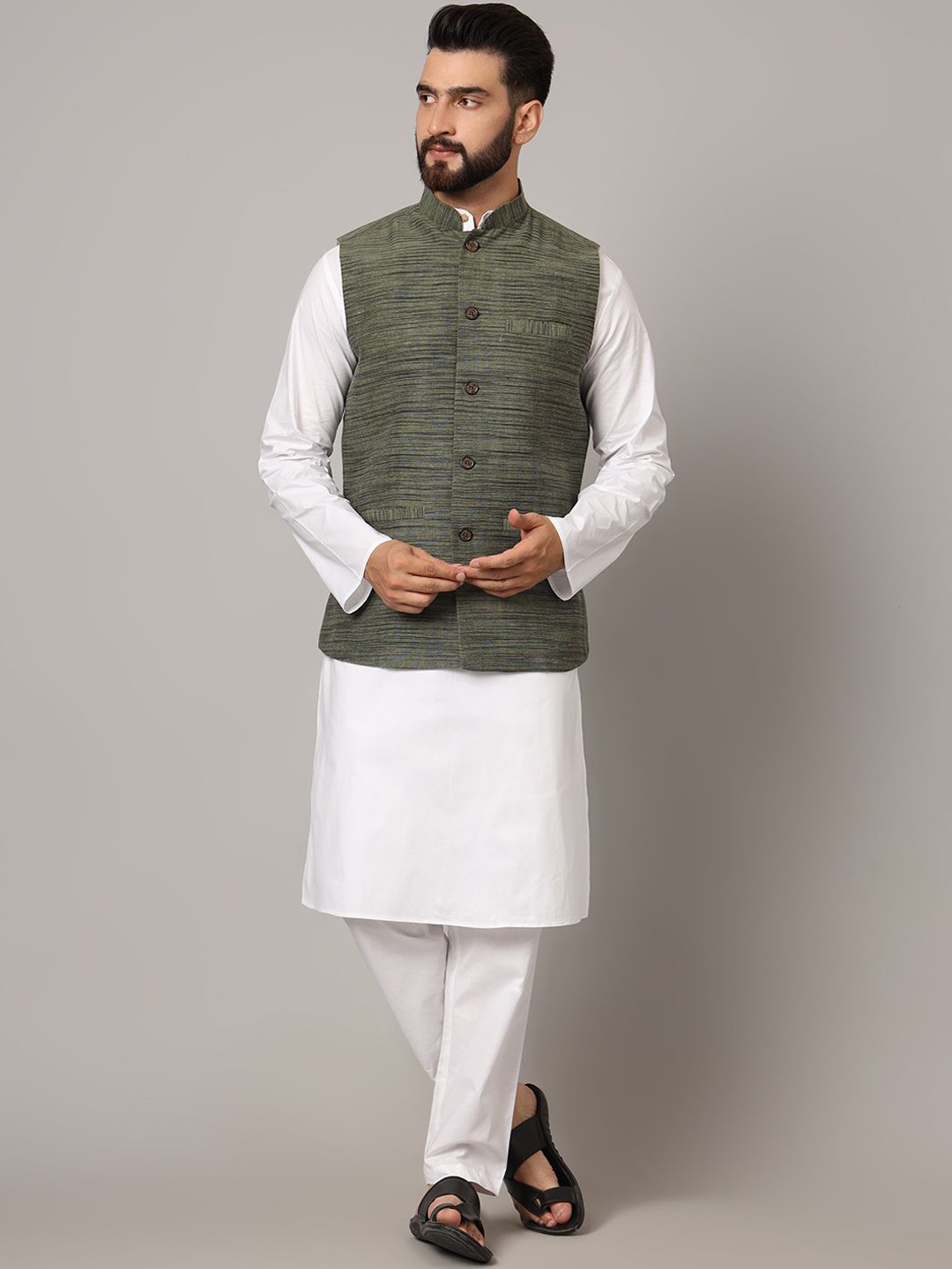 

Latest Chikan Garments Striped Woven Nehru Jacket, Green