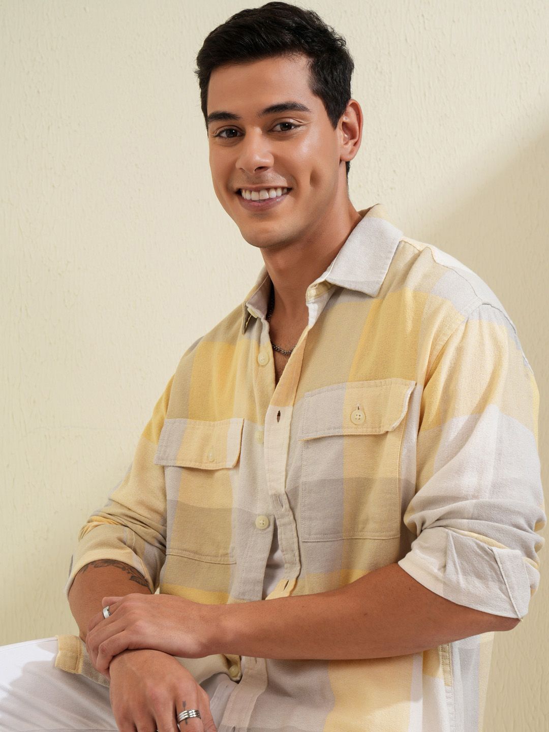 

LOCOMOTIVE Men Checked Oversized Casual Shirt, Yellow