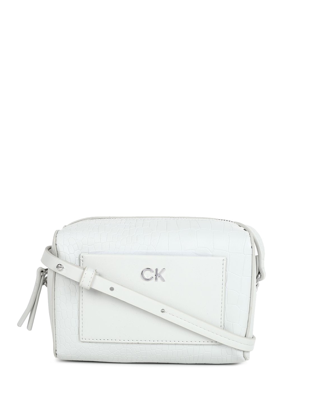 

Calvin Klein Textured PU Half Moon Sling Bag with Quilted, Grey