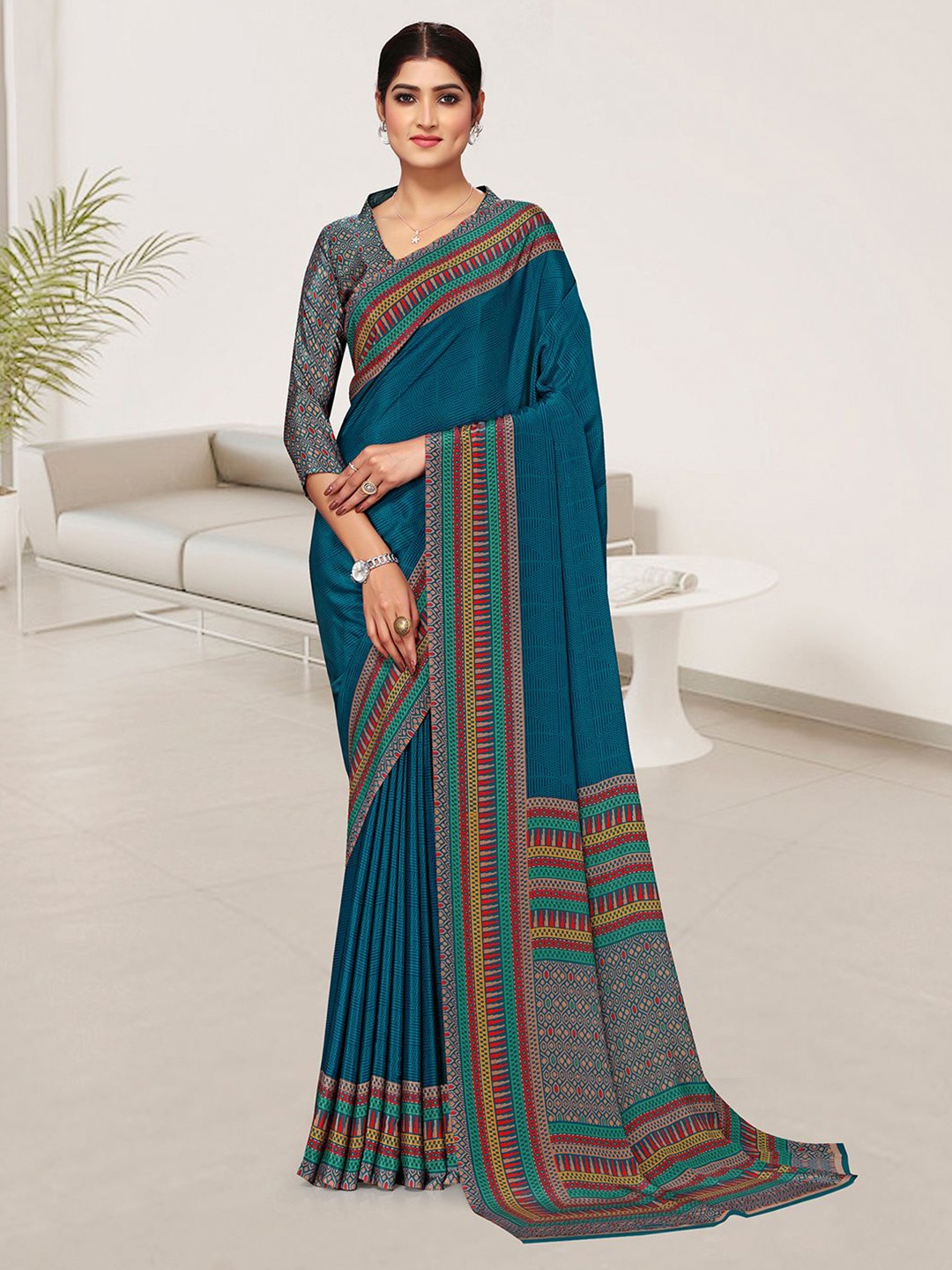 

Mitera Pure Crepe Geometric Daily Saree, Blue