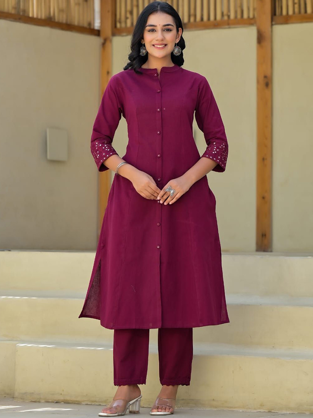 

KALINI Women Ethnic Motifs Embroidered Regular Mirror Work Pure Cotton Kurta with Trousers, Magenta