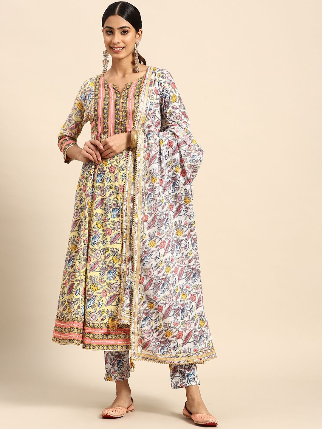 

Anouk Women Floral Printed Layered Pure Cotton Kurta with Trousers & With Dupatta, White