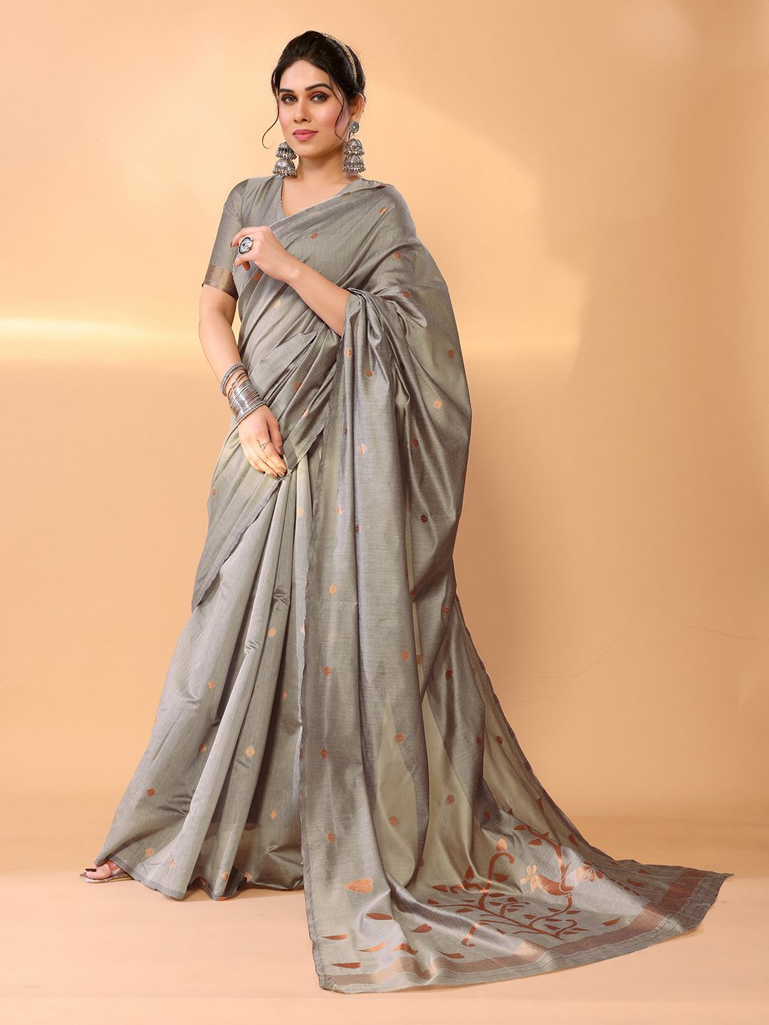 

MySilkLove Woven Design Zari Chanderi Saree, Grey