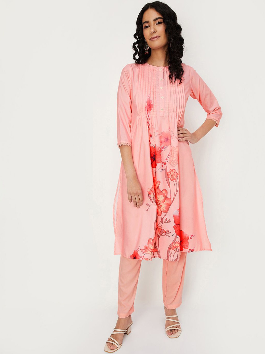 

max Women Floral Printed Regular Kurta with Trousers, Pink