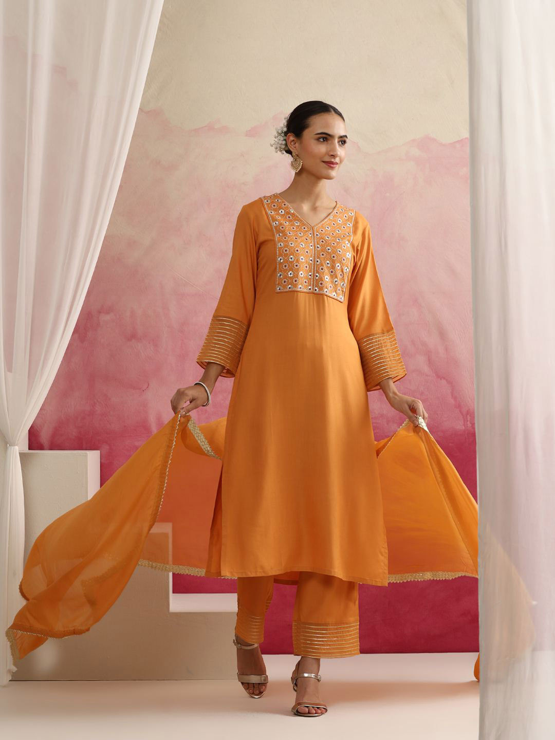 

Khushal K Floral Yoke Design Sequinned V-Neck Straight Kurta With Palazzos & Dupatta, Orange