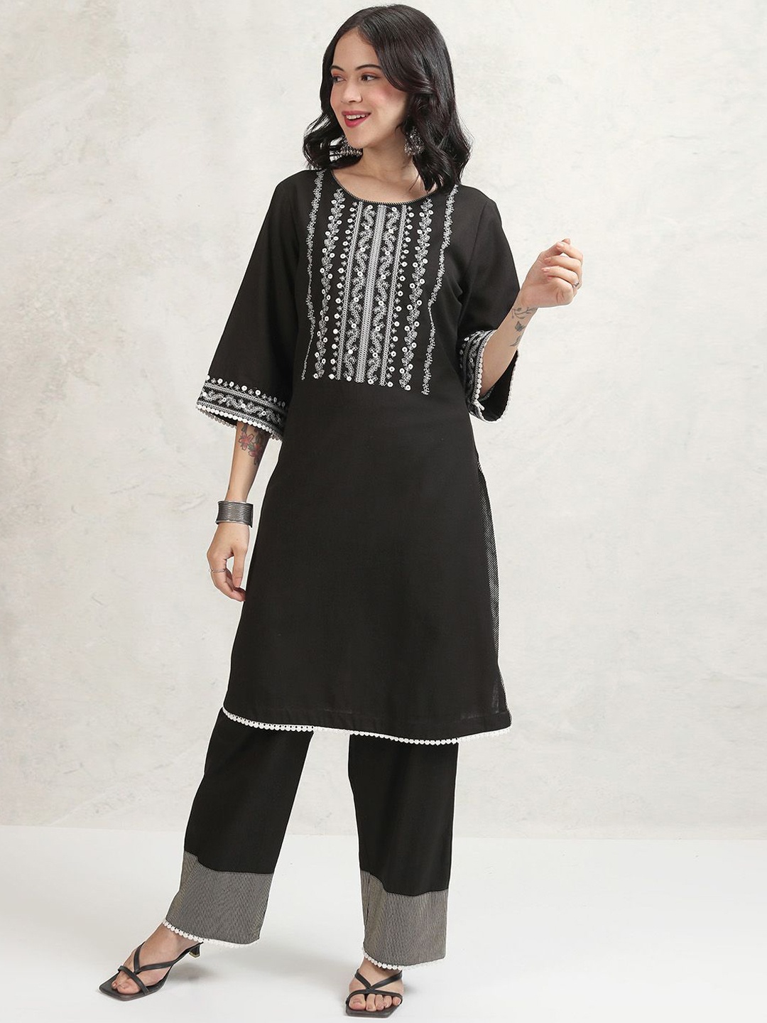 

Vishudh Women Embroidered Regular Mirror Work Pure Cotton Kurta with Trousers, Black