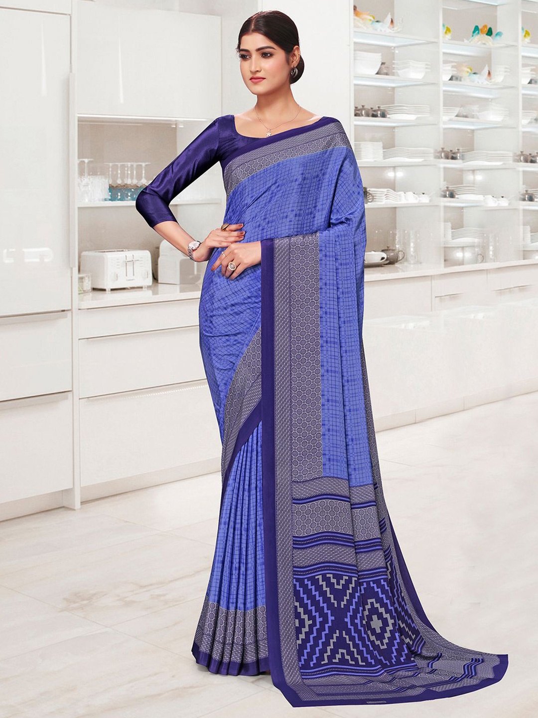 

Mitera Printed Pure Crepe Saree, Blue