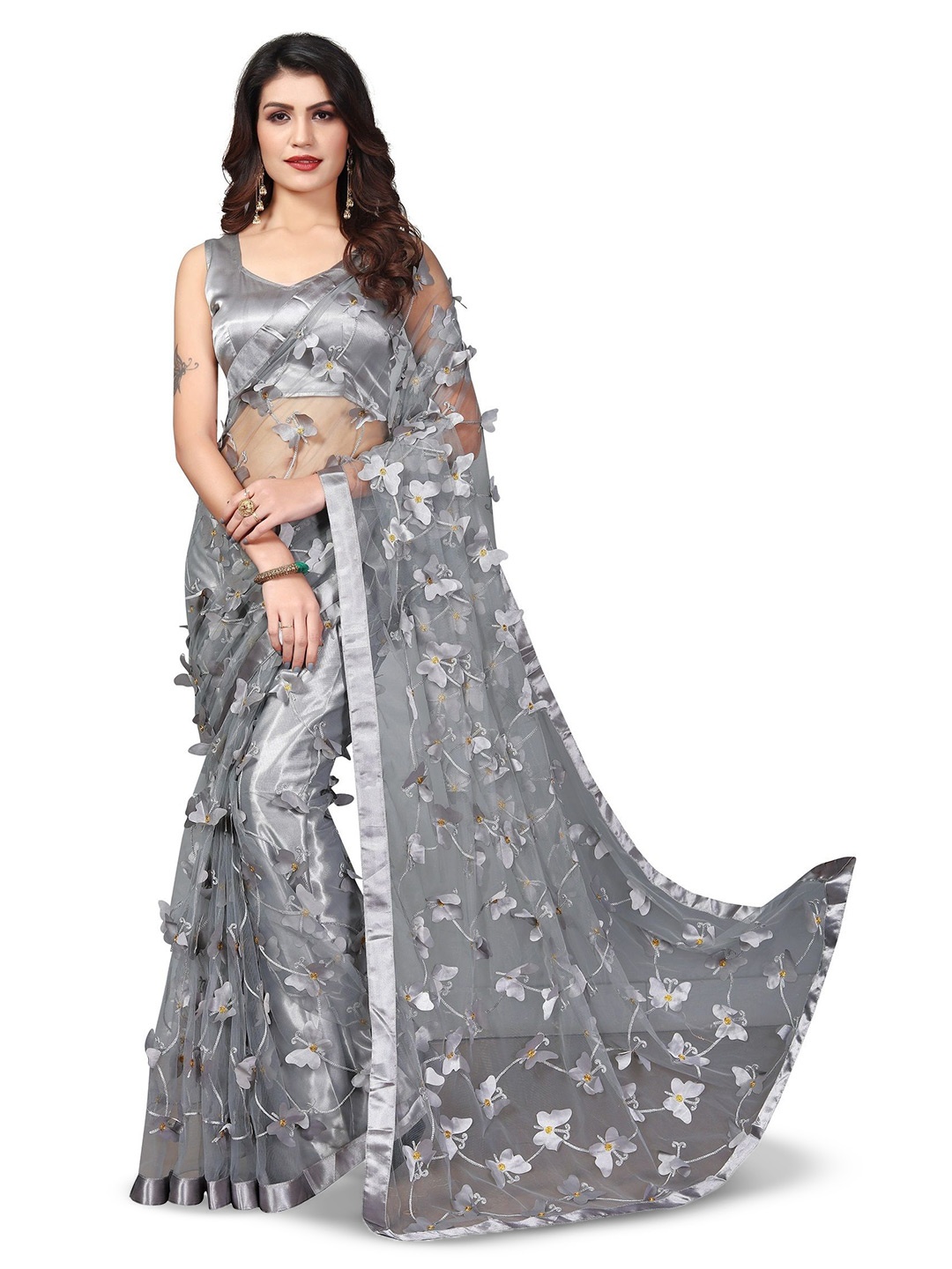 

LADY SHOPI Embellished Net Saree With Blouse Piece, Grey