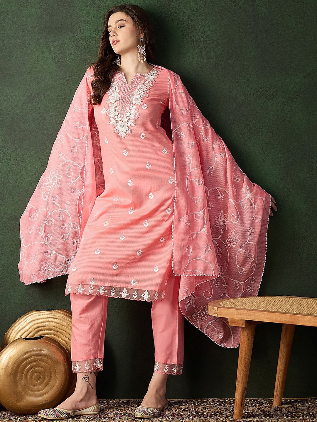 

all about you Ethnic Motifs Embroidered Pure Cotton Straight Kurta with Trousers & Dupatta, Peach