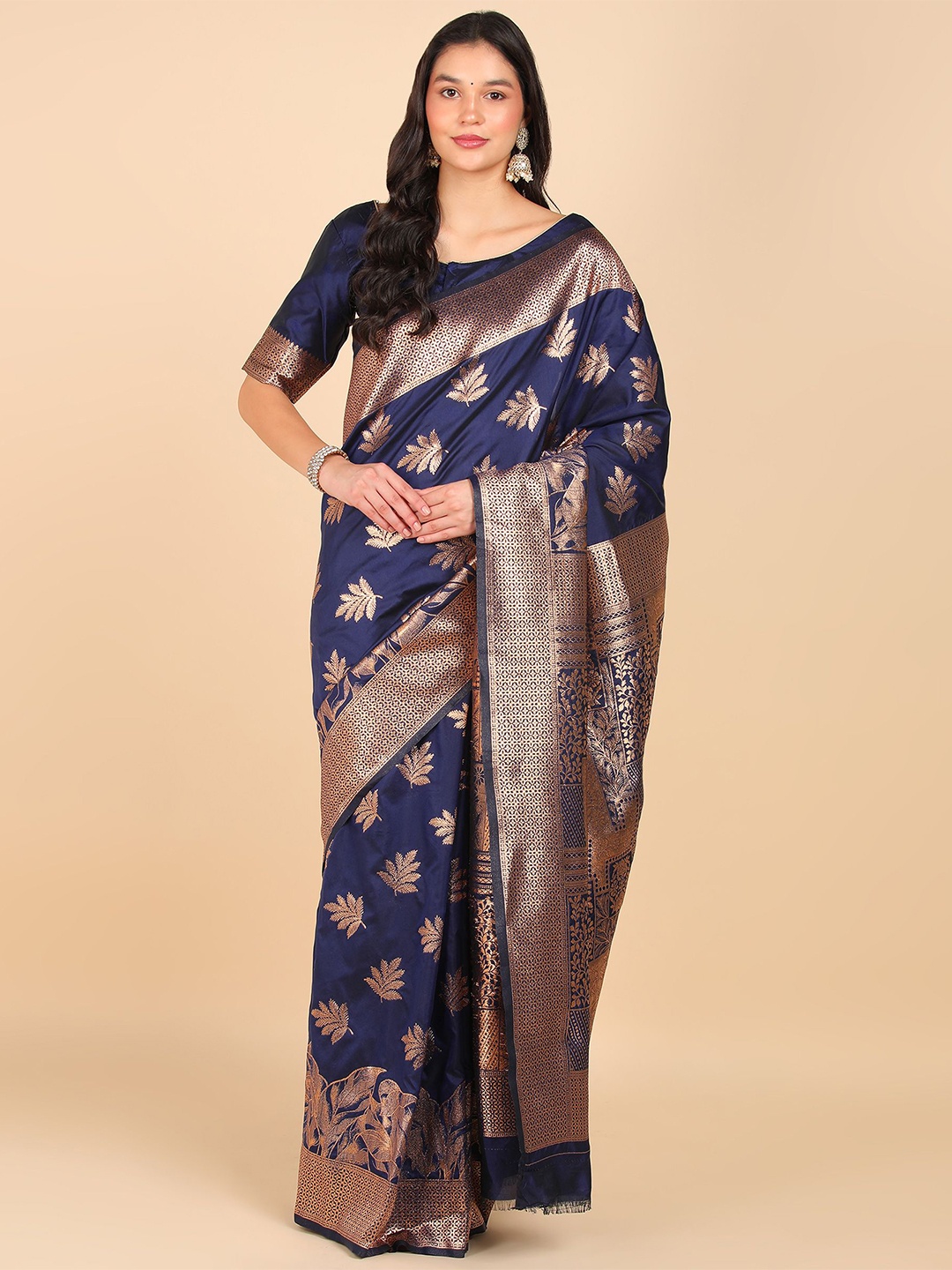 

LEAFFEB Woven Design Zari Pure Silk Banarasi Saree, Navy blue