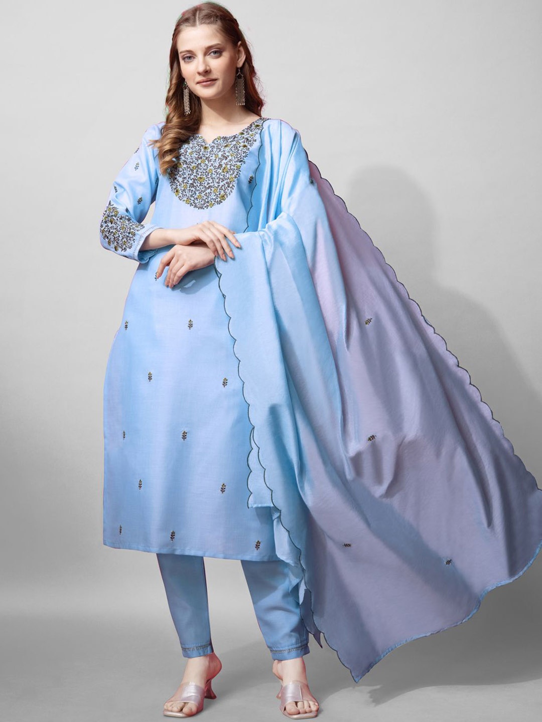 

Rujave Women Paisley Embroidered Regular Sequinned Kurta with Trousers & With Dupatta, Turquoise blue