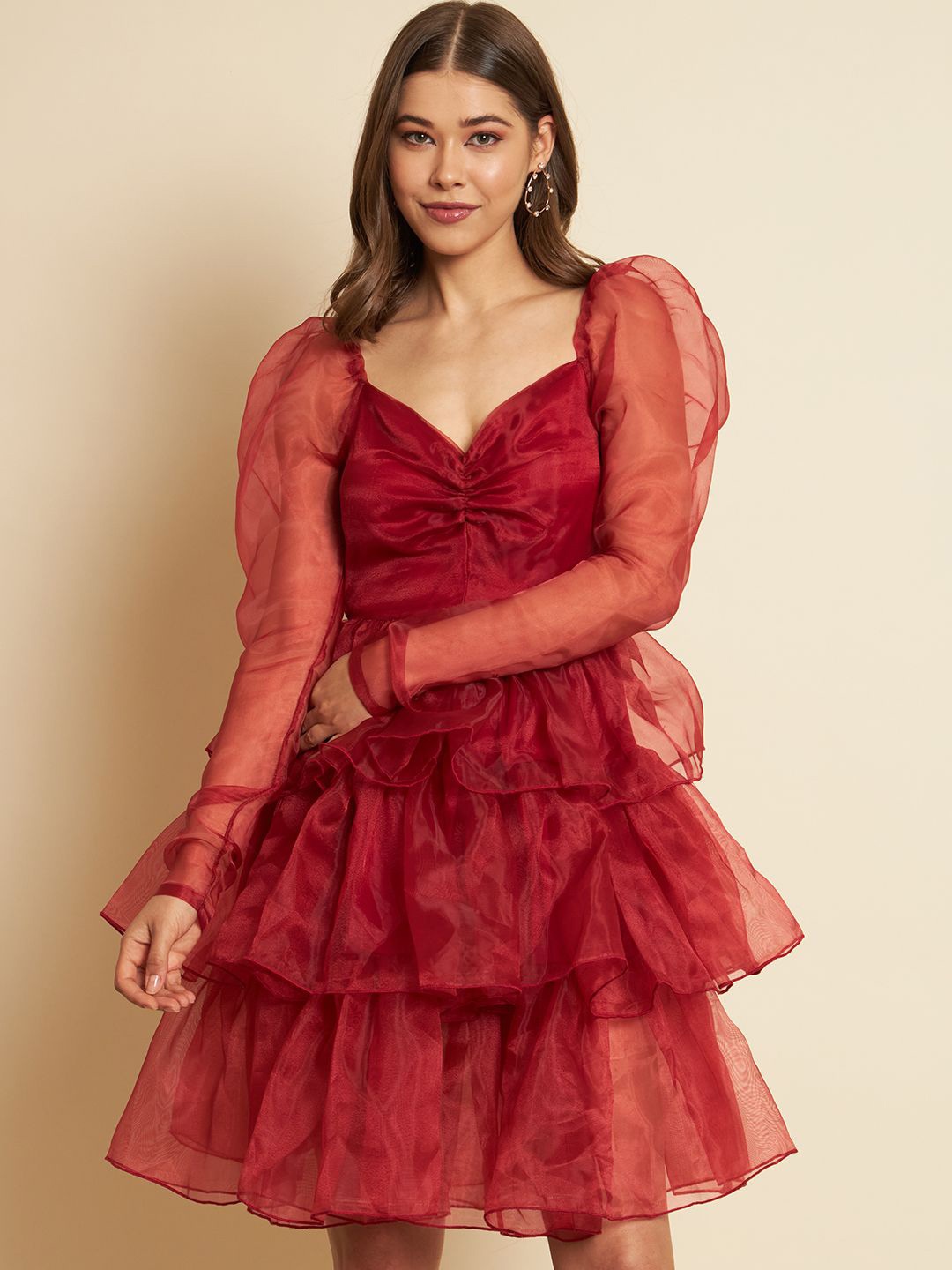 

TANDUL Puff Sleeve Fit & Flare Dress, Maroon