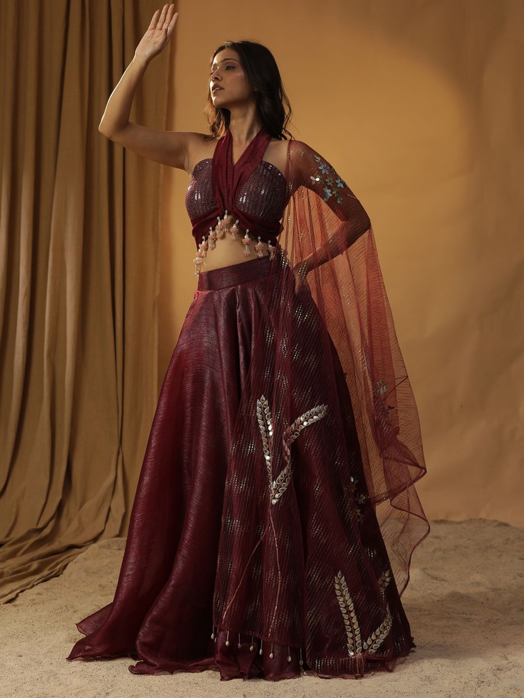 

ARPITA SULAKSHANA Embellished Halter Neck Made to Measure Lehenga & Blouse With Dupatta, Maroon