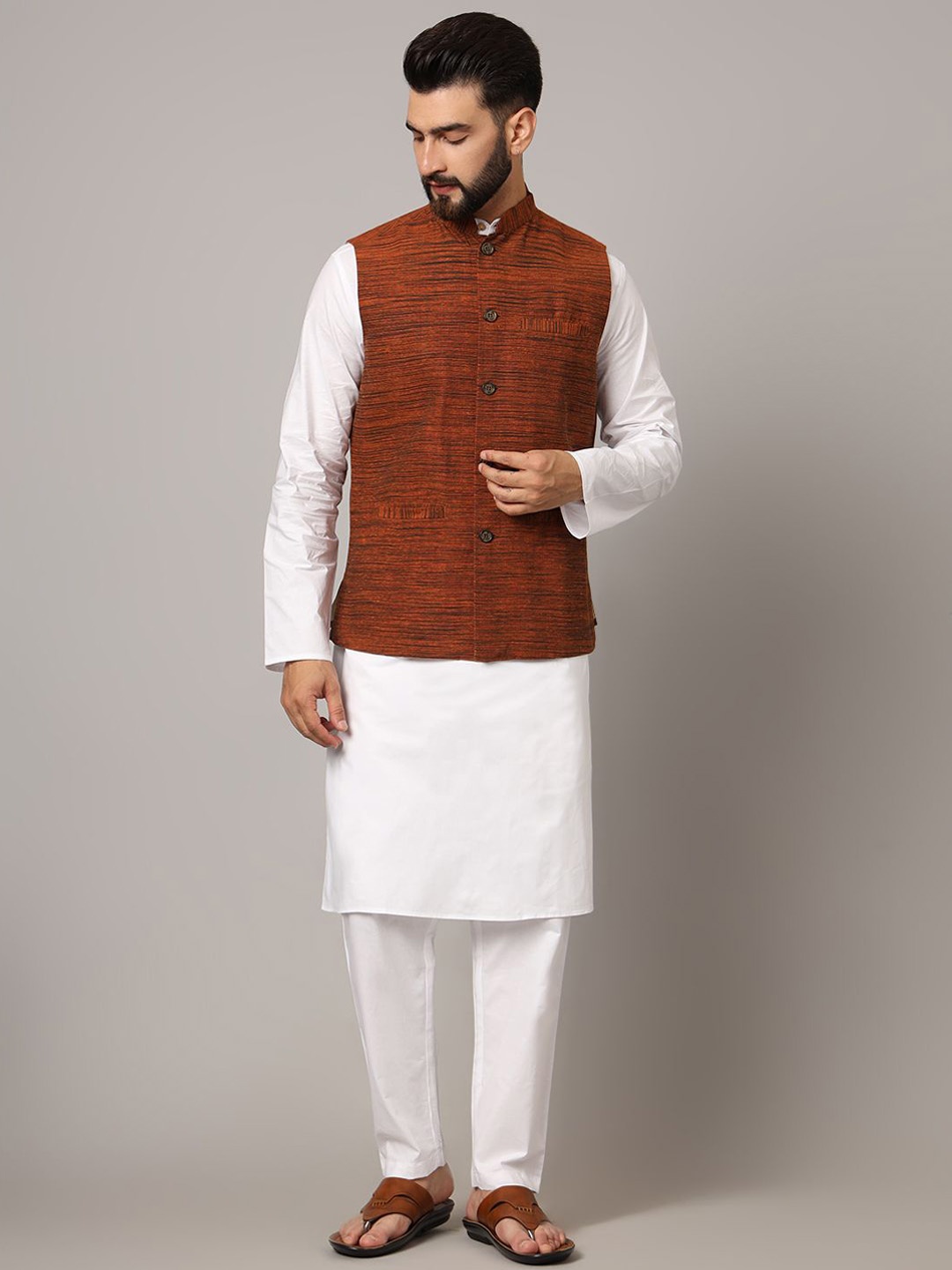 

Latest Chikan Garments Striped Woven Nehru Jacket, Brown