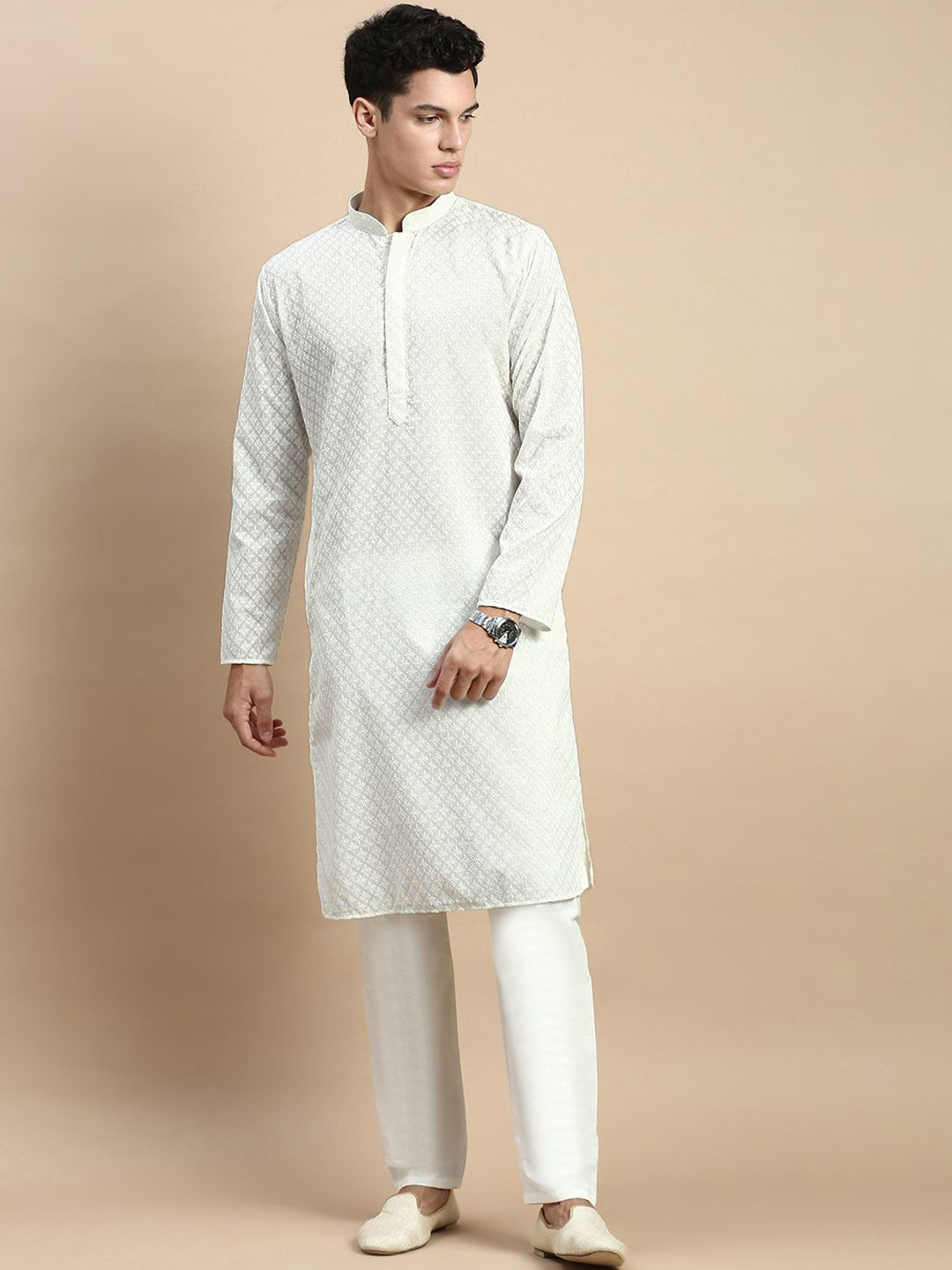 

Rishika Men Ethnic Motifs Embroidered Regular Thread Work Pure Cotton Kurta with Pyjamas, Cream
