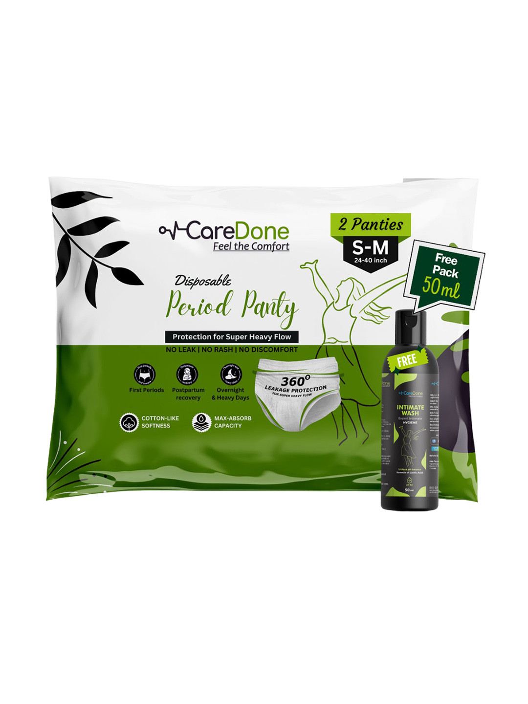 

CareDone Leak Proof Disposable Period Panties Size S-M - 2Pcs with Free Intimate Wash 50ml, White