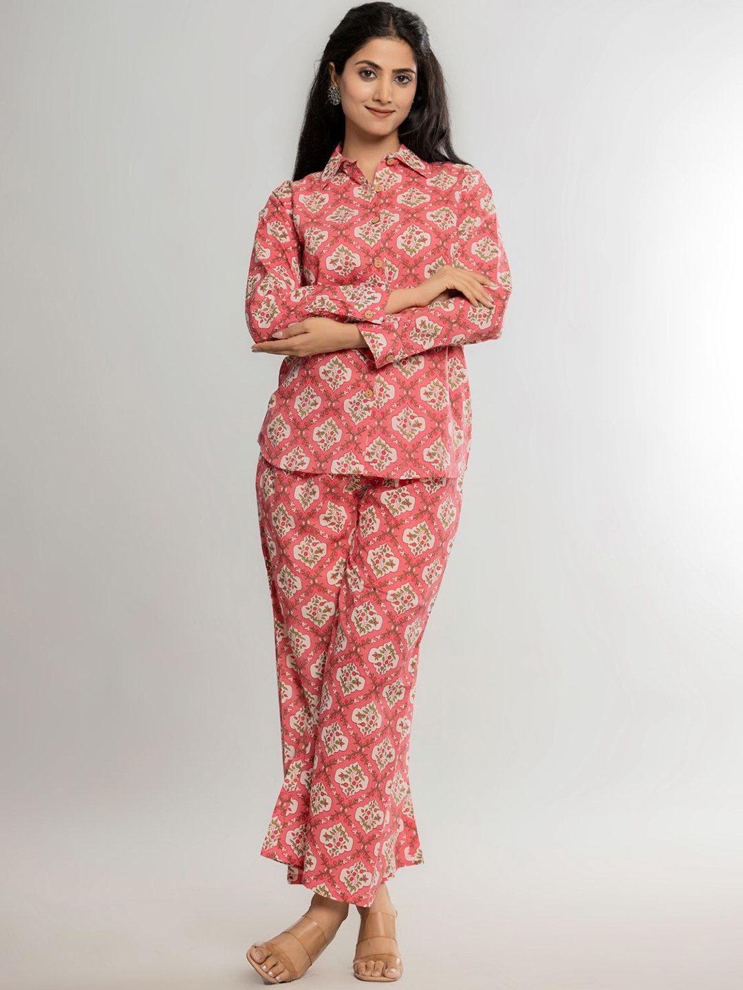 

Krati Creations Printed Pure Cotton Shirt With Trouser, Peach