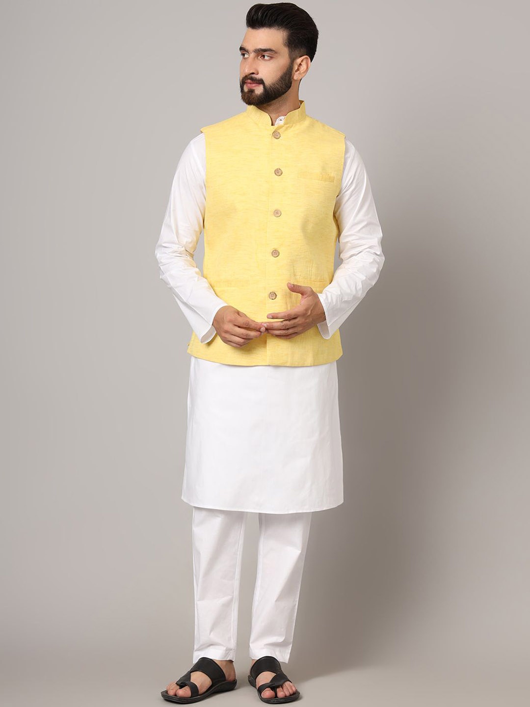 

Latest Chikan Garments Self Design Nehru Jackets, Yellow