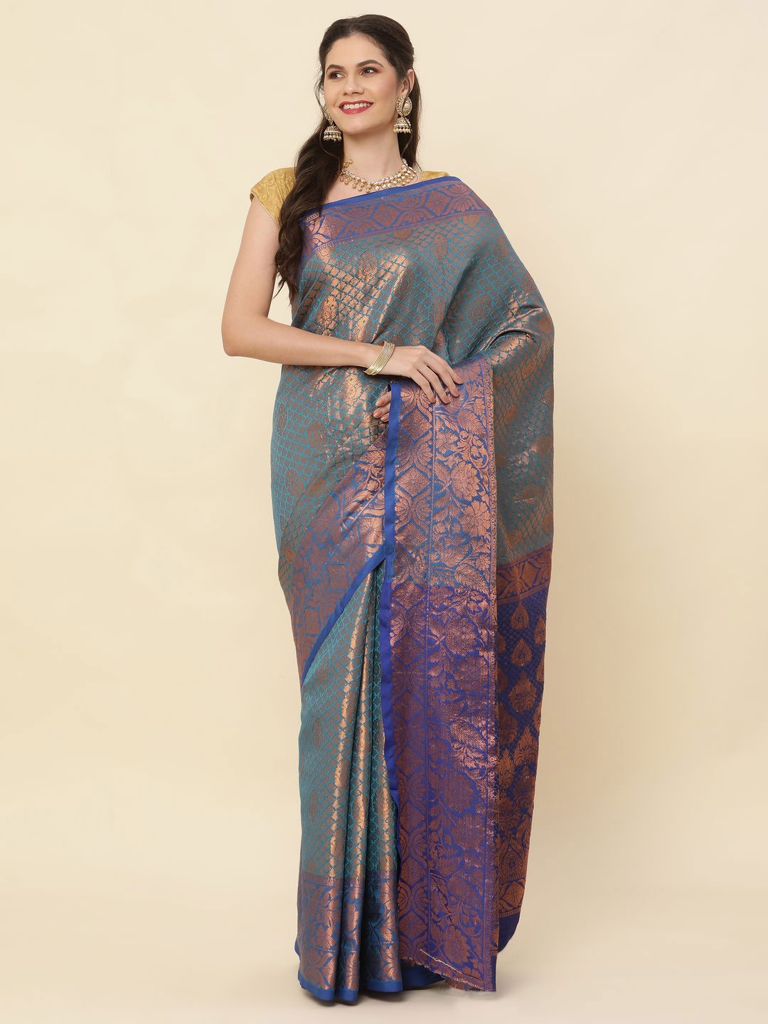 

High Five Tex Ethnic Motifs Zari Woven Pure Silk Kanjeevaram Saree, Teal