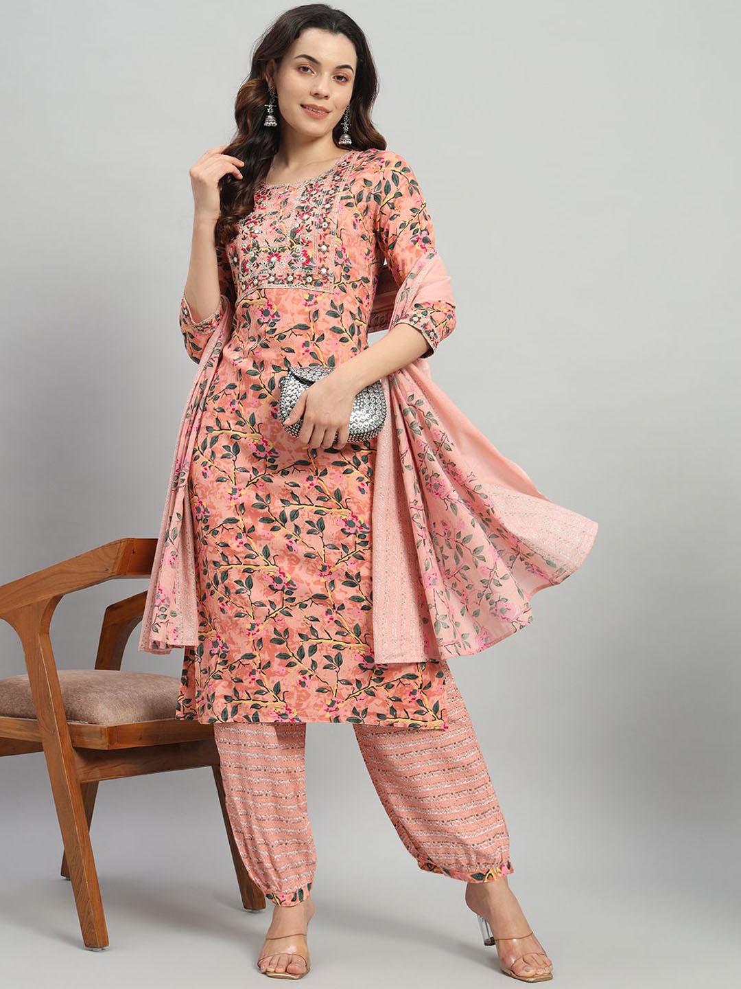 

KALINI Women Floral Printed Regular Thread Work Kurta with Salwar & With Dupatta, Pink