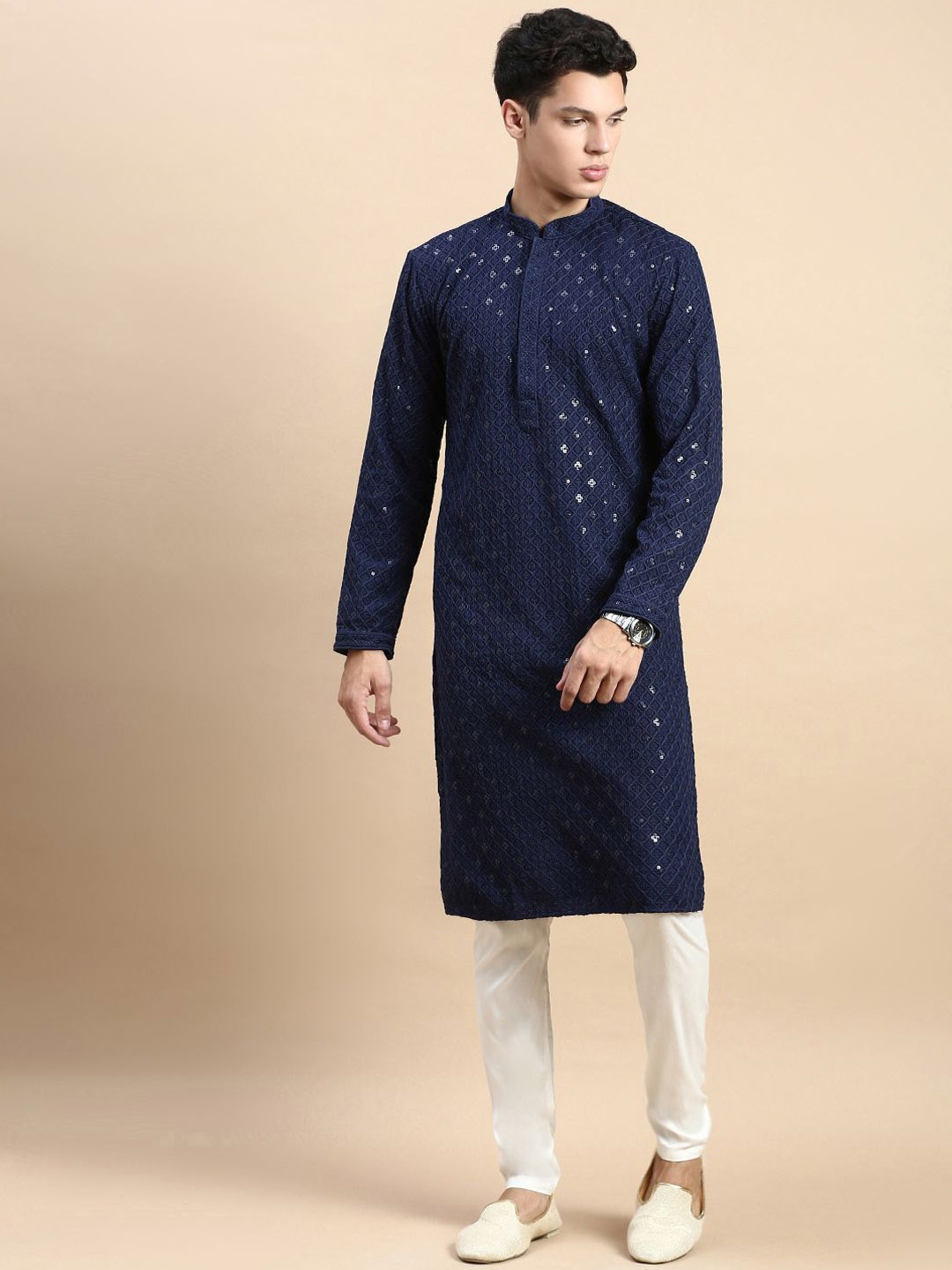 

Rishika Men Embroidered Regular Sequinned Pure Cotton Kurta with Pyjamas, Blue