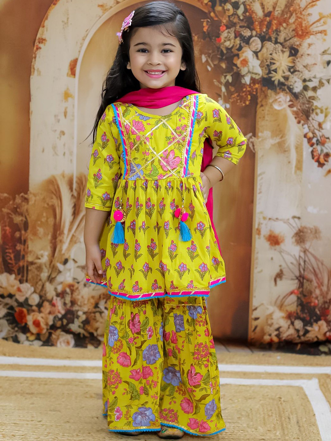 

KID1 Girls Floral Printed Empire Pure Cotton Anarkali Kurti With Sharara & Dupatta, Yellow