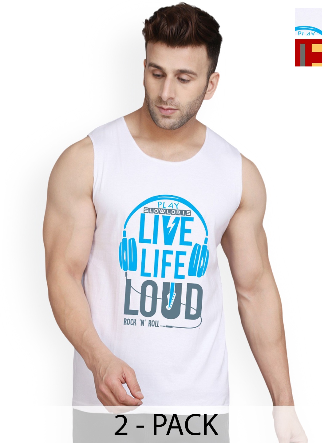 

SLOWLORIS Pack Of 2 Printed Cotton Gym Vests, White