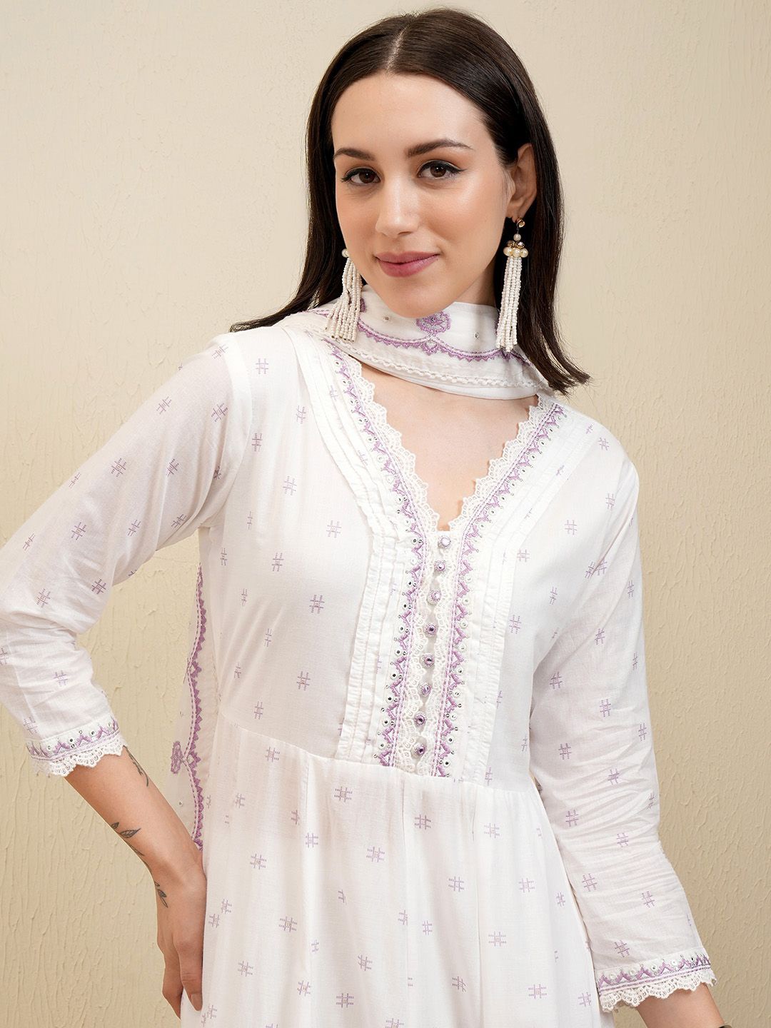 

Vishudh White Embroidered Pure Cotton Anarkali Panelled Kurta With Trousers & Dupatta