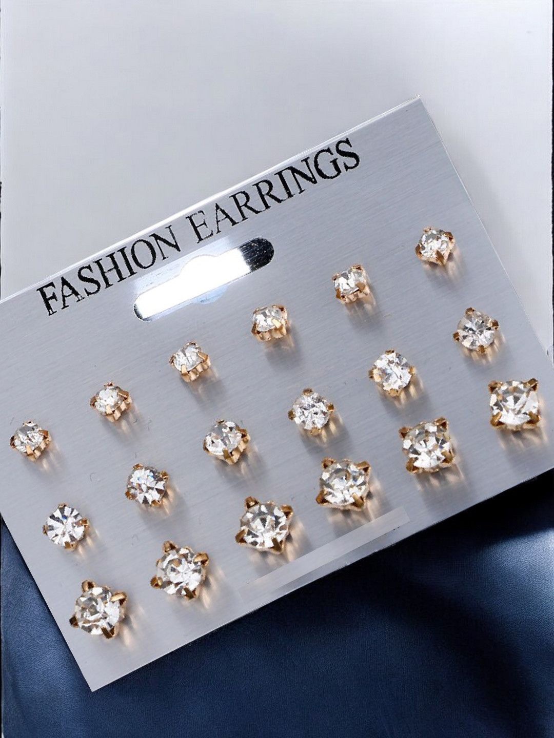 

fabula Set Of 9 Cubic Zirconia Stone Studded Contemporary Studs Earrings, Gold