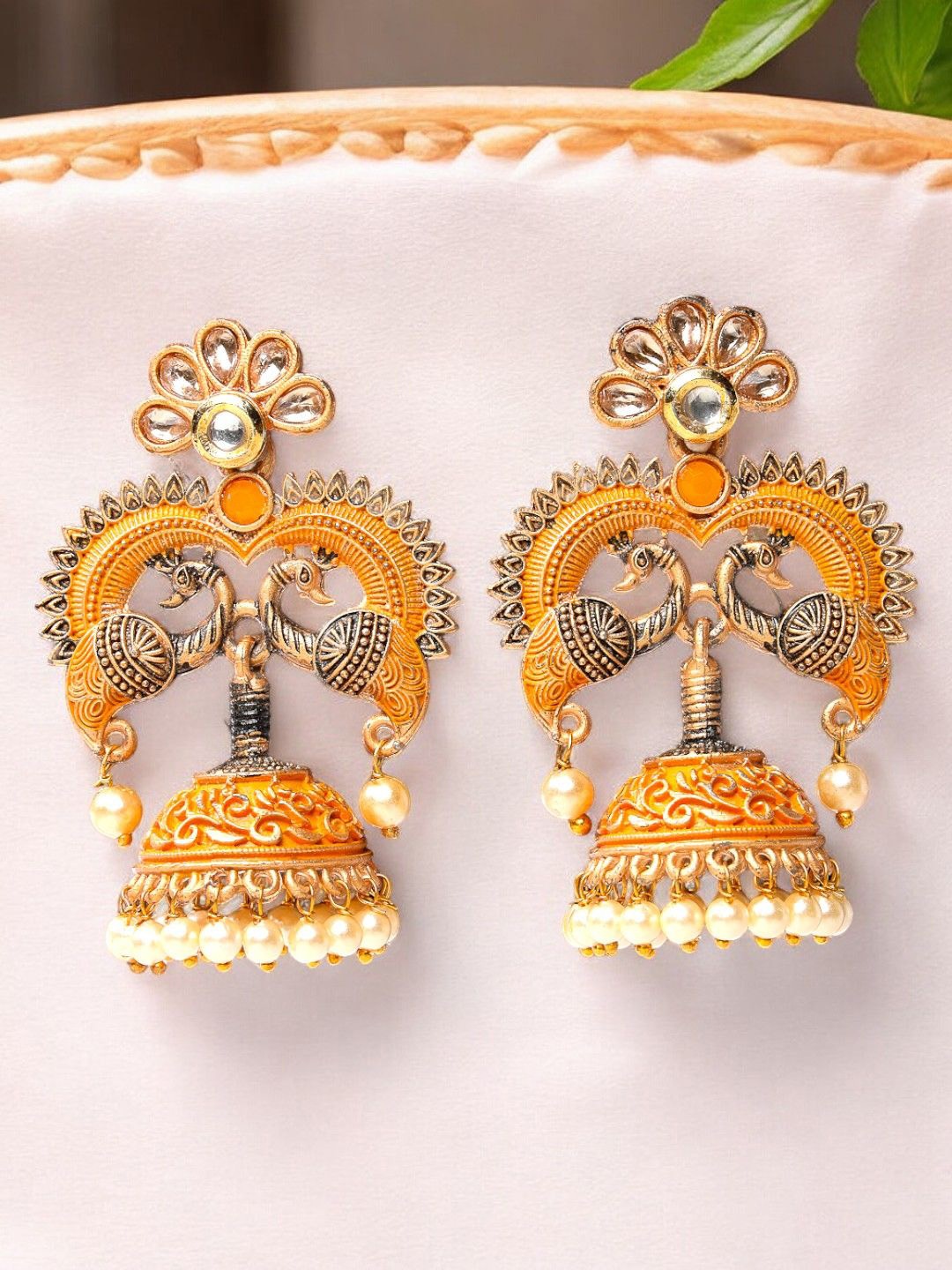 

ADIVA Gold-Plated Kundan Beaded Peacock Shaped Jhumkas