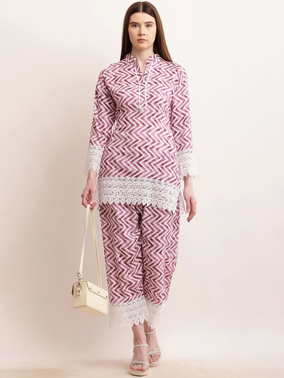 

BAESD Printed Mandarin Collar Long Sleeve Pure Cotton Tunic & Trouser, Pink