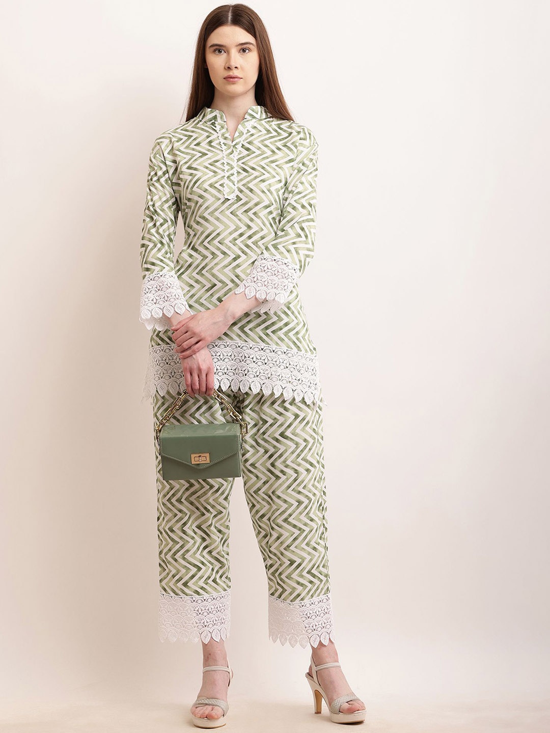 

BAESD Printed Mandarin Collar Long Sleeve Pure Cotton Tunic & Trouser, Green