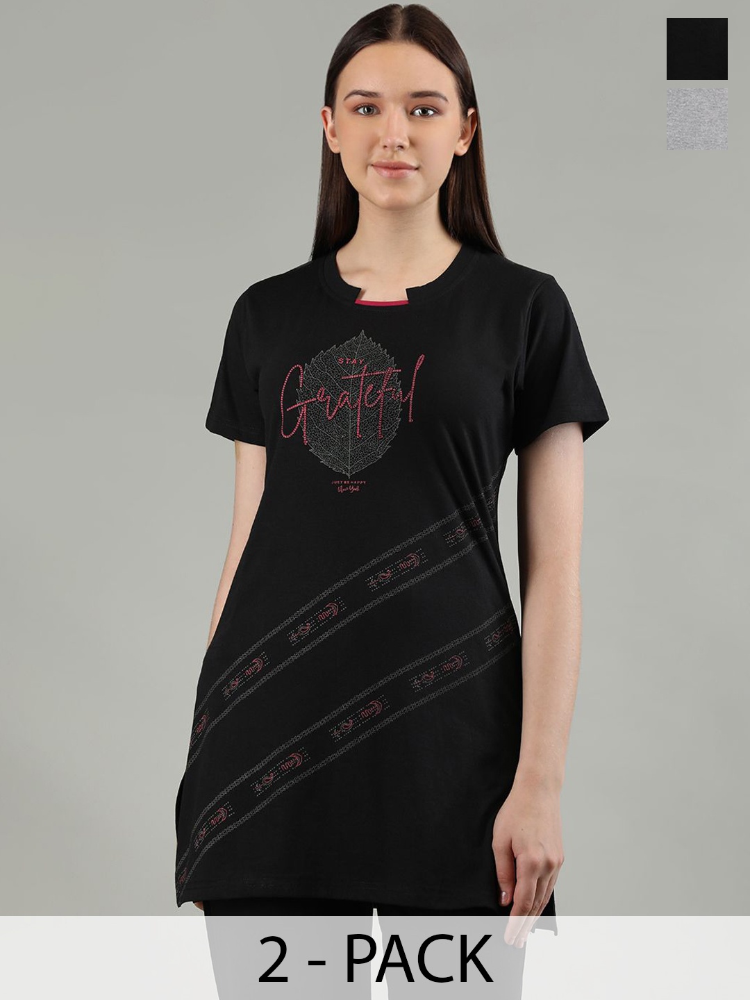 

Duchess Women Pack Of 2 Printed Long Lounge T-Shirt, Grey