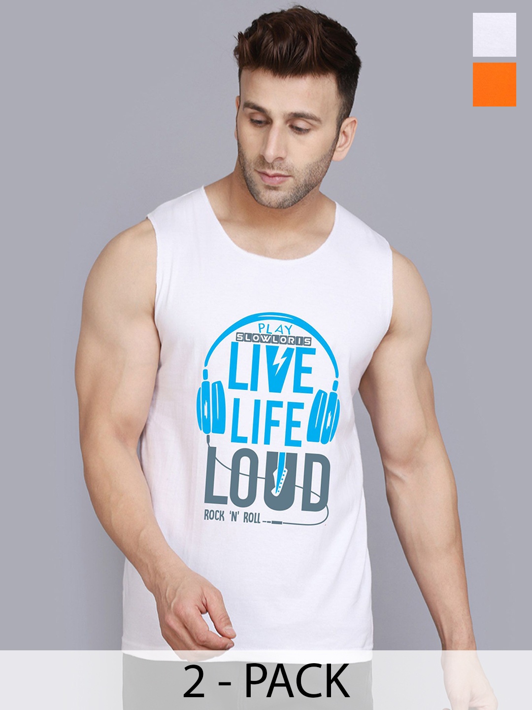 

SLOWLORIS Pack Of 2 Men Printed Sleeveless Innerwear Vests, White