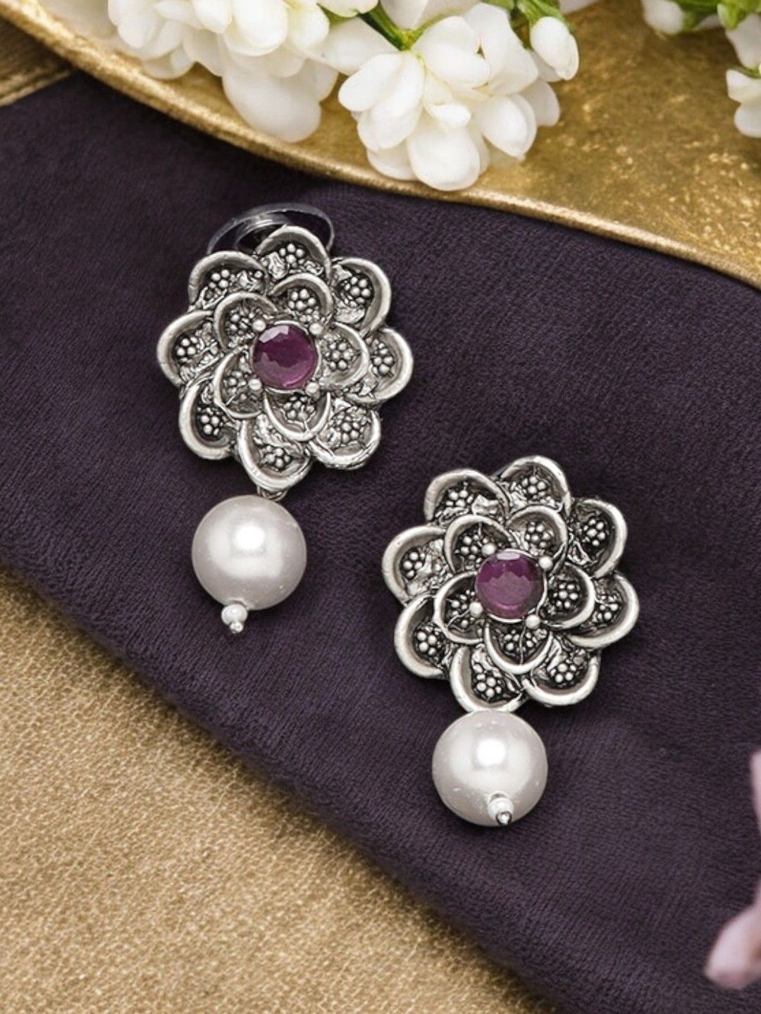 

ADIVA Silver-Plated Stone Studded & Beaded Floral Shaped Oxidised Drop Earrings