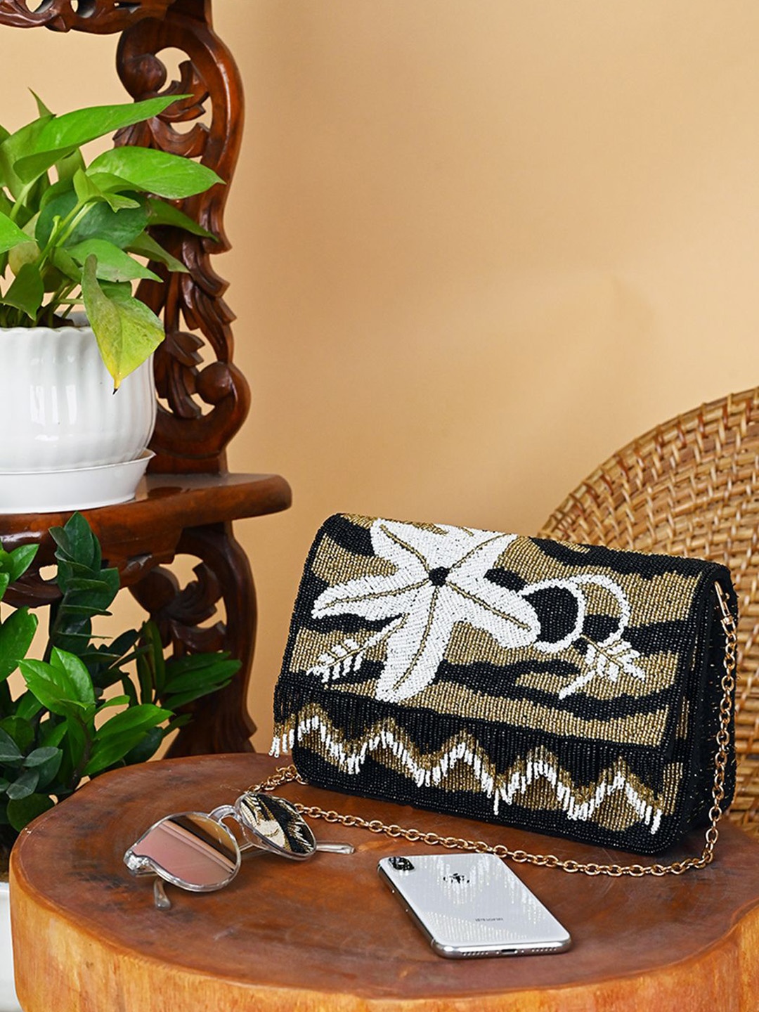 

BohoGirl Textured Embellished Structured Sling Bag, Black