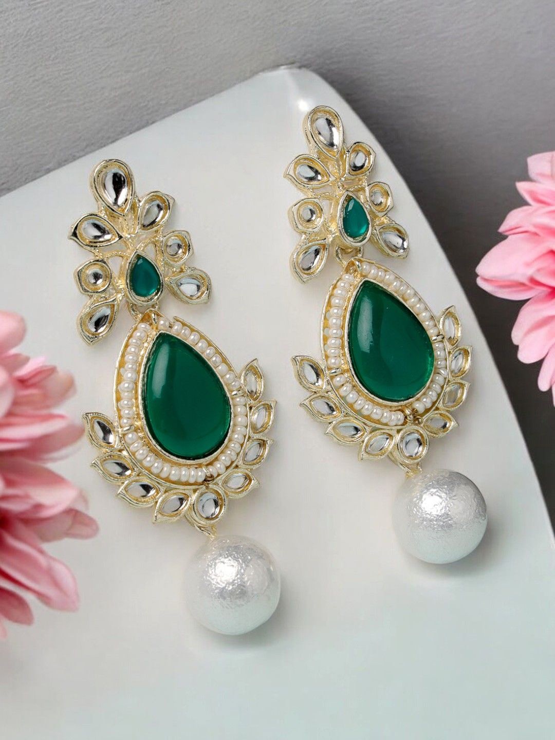

ADIVA Gold-Plated Kundan Beaded Classic Drop Earrings