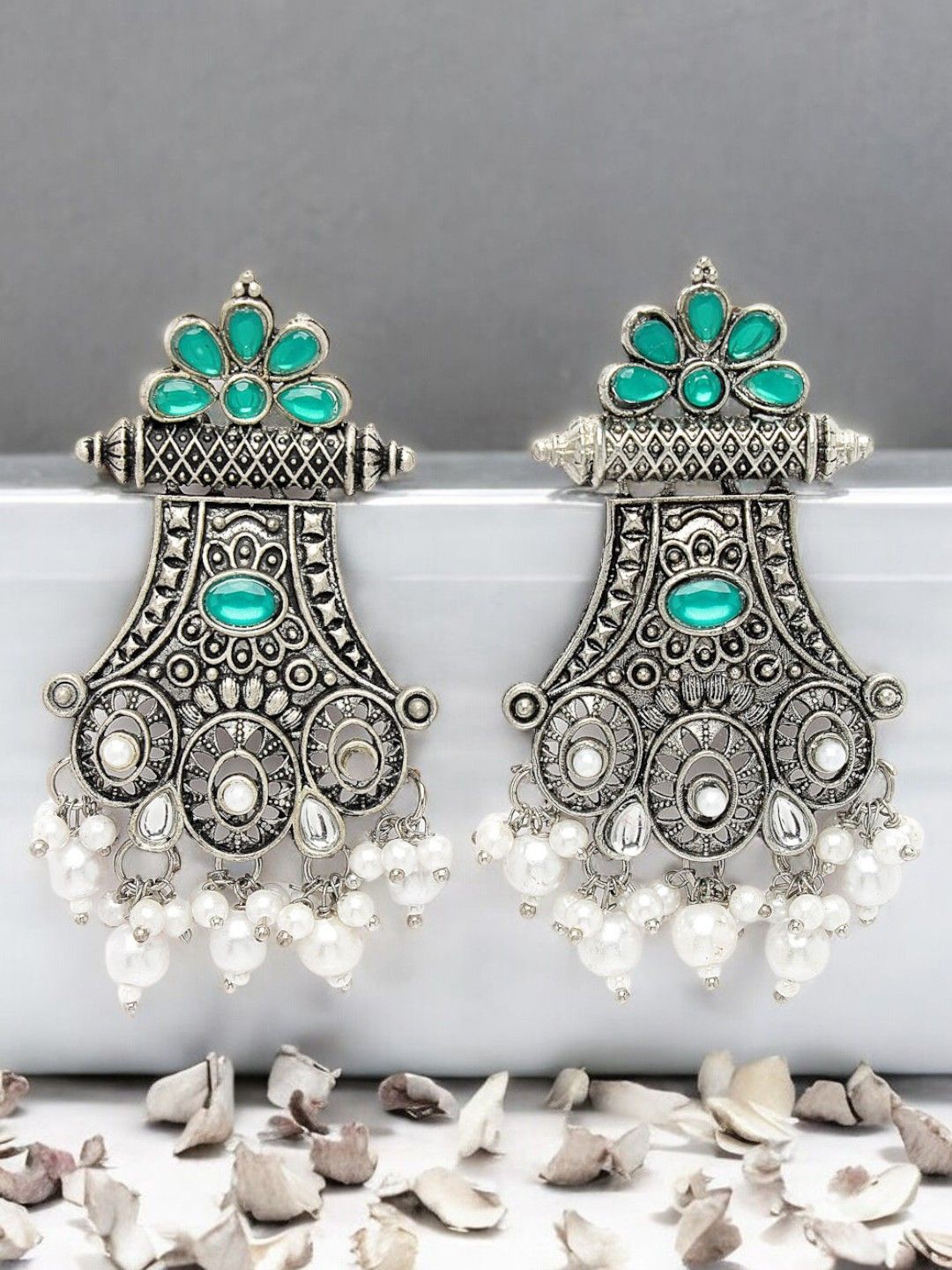 

ADIVA Silver-Plated Stone Studded & Beaded Peacock Shaped Drop Earrings